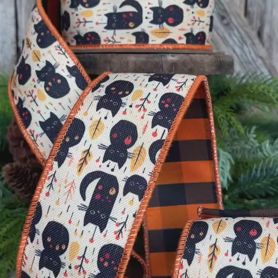 Halloween Black Cat Ribbon: Vintage Wired Edge, 2.5 Inch, 10 Yards
