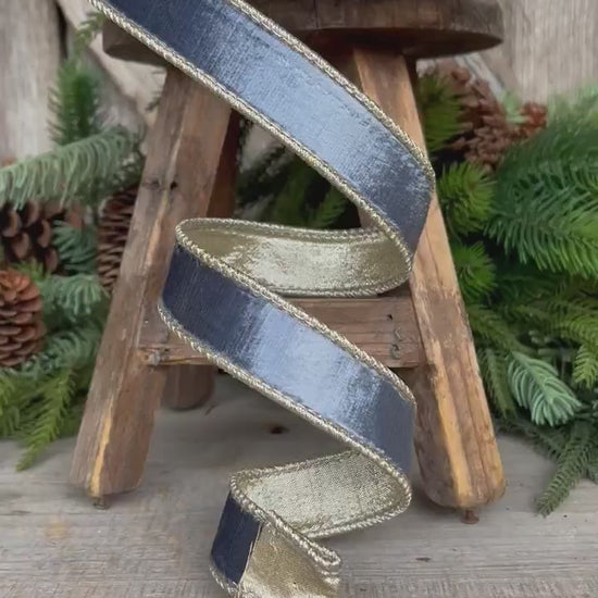 1" Steel Blue Satin Velvet Ribbon, Farrisilk Ribbon, Steel Blue Ribbon