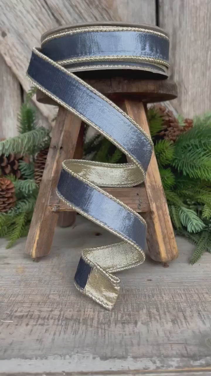 1" Steel Blue Satin Velvet Ribbon, Farrisilk Ribbon, Steel Blue Ribbon