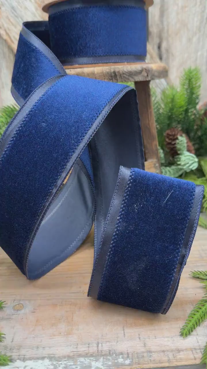 2.5" Navy Blue Velvet ribbon with Satin Trim