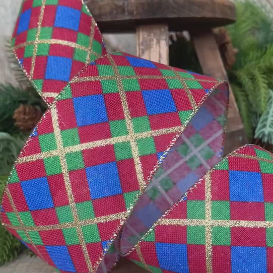2.5" Blue Christmas Plaid Ribbon, Red Blue Green Gold Georgina Plaid Ribbon, Christmas plaid Ribbon