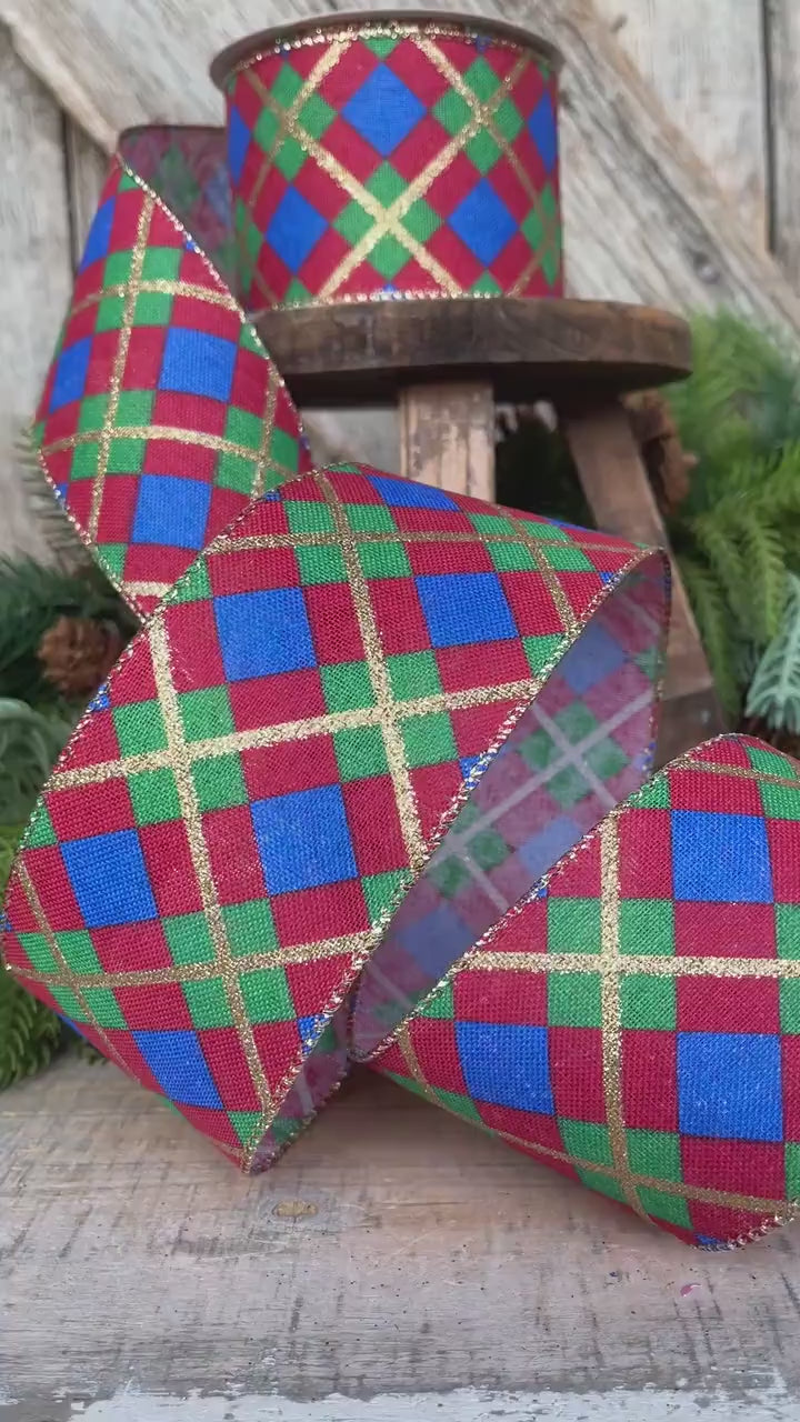 2.5" Blue Christmas Plaid Ribbon, Red Blue Green Gold Georgina Plaid Ribbon, Christmas plaid Ribbon
