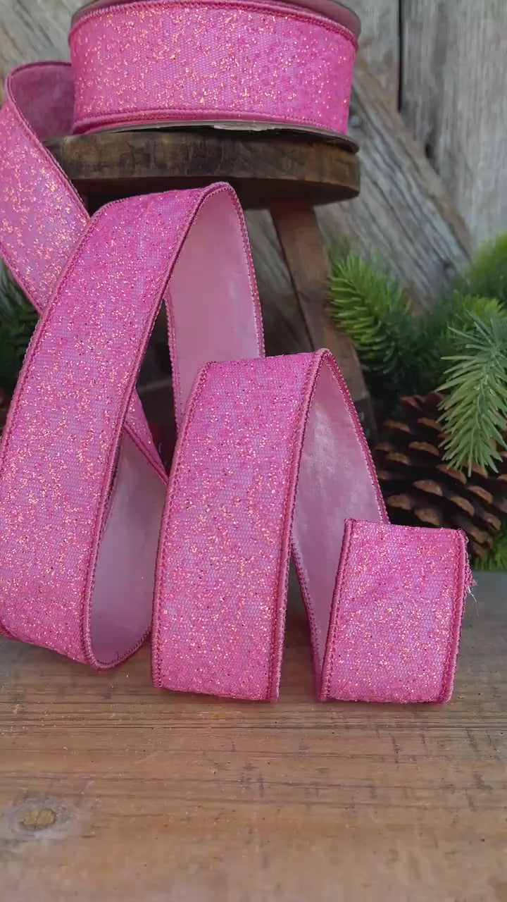 1.5" Pink Sparkle Ribbon, Christmas Ribbon, Pink Glitter RIbbon