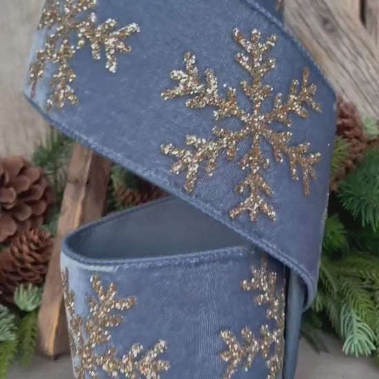 4" Steel Blue Velvet RIbbon, GLitter Snowflake RIbbon, Farrisilk Ribbon