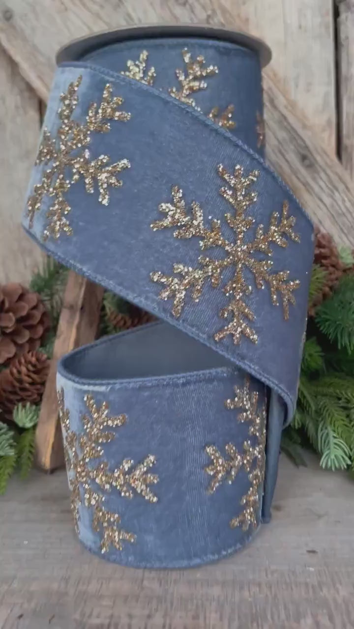 4" Steel Blue Velvet RIbbon, GLitter Snowflake RIbbon, Farrisilk Ribbon