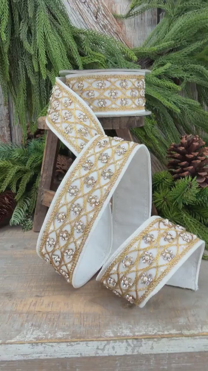 2" Ivory Posh Pearl Wired Ribbon, Farrisilk Pearl Ribbon