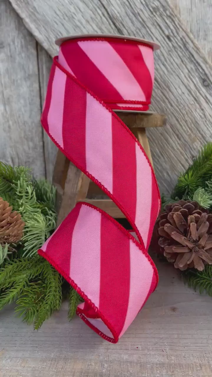 2.5" Red &amp; Pink Diagonal Stripe Ribbon, Christmas Ribbon, Pinkmas Ribon