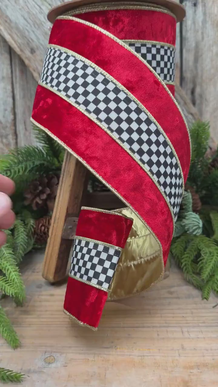 4" Red Velvet Black White Check Wired Ribbon | Gold Backing | 10 Yards
