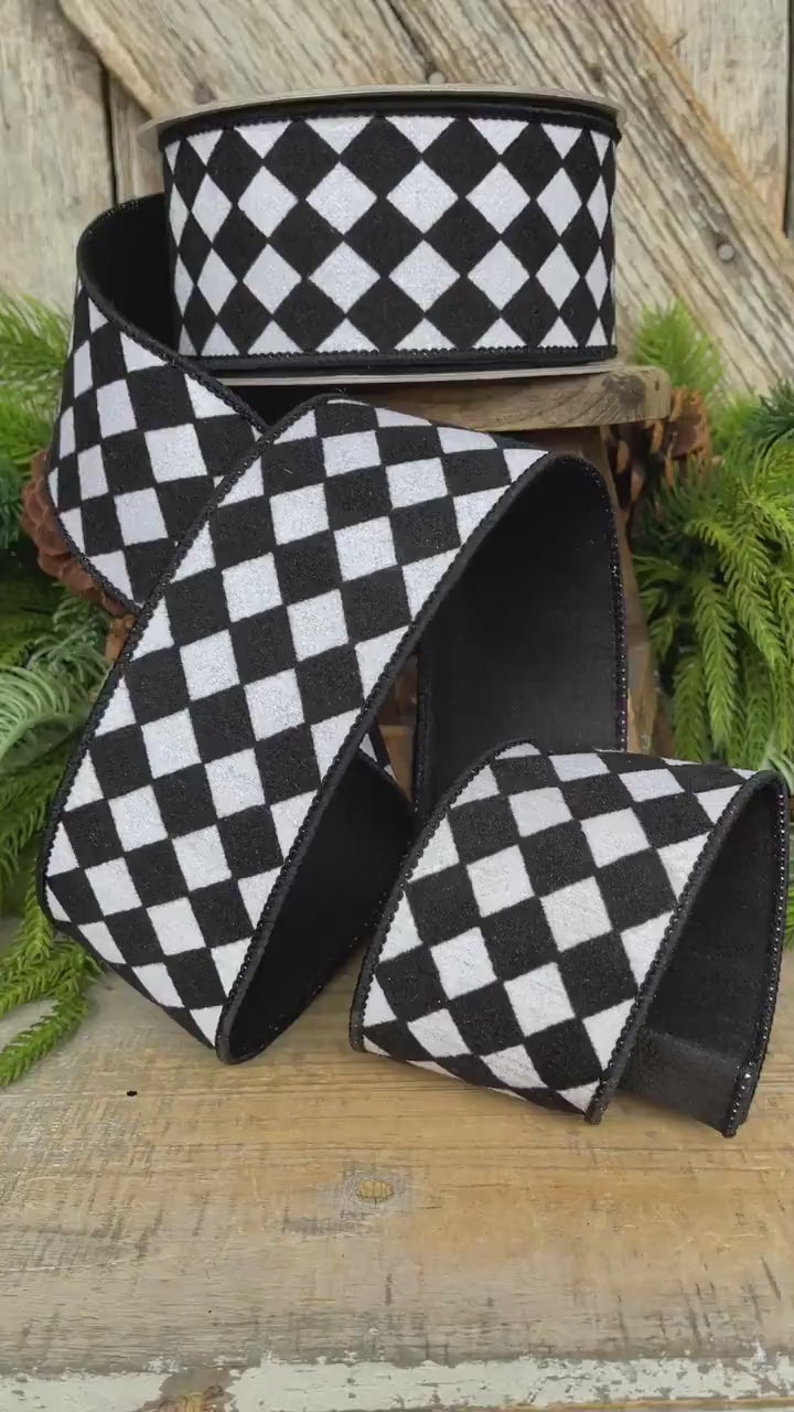 2.5" Black and White Retro Harlequin Ribbon, Farrisilk Ribbon