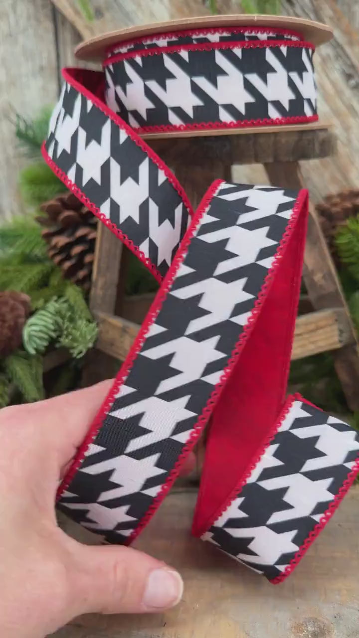1.5" Black White Houndstooth Wired Ribbon with Red Backing | 10 Yards