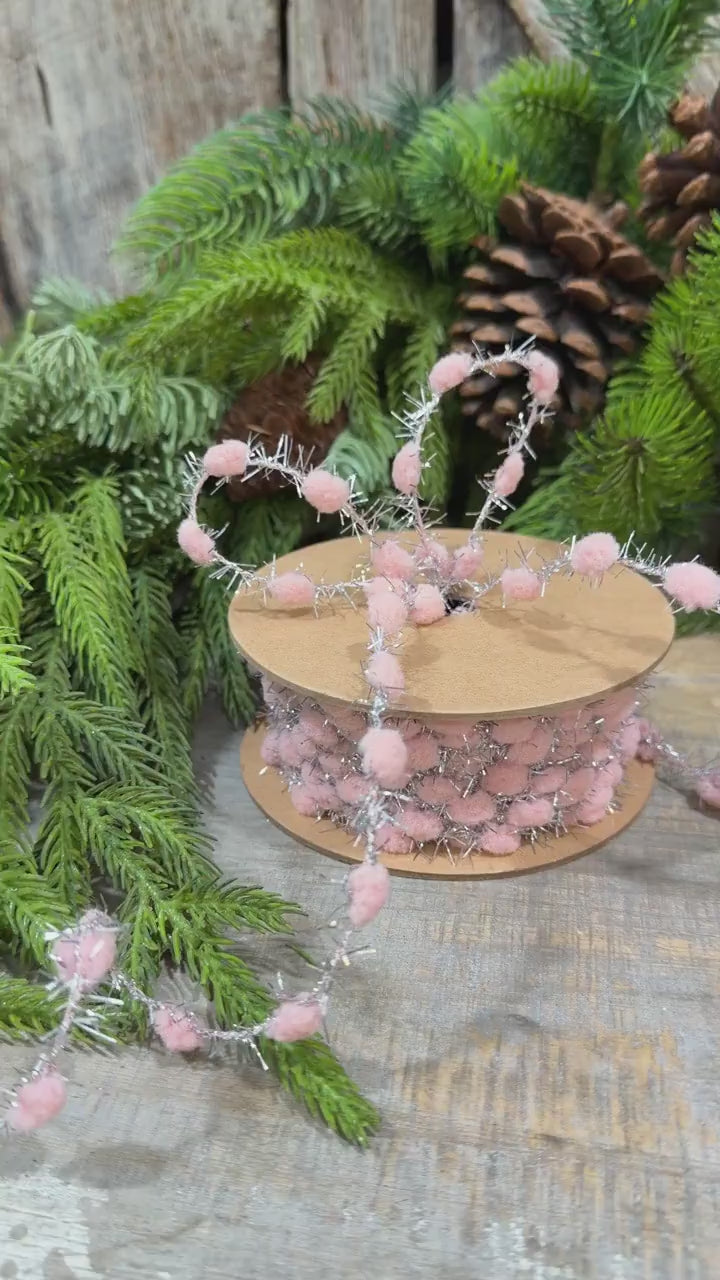 3/8" Pink Pom Pom Tinsel Garland, Silver Metallic
