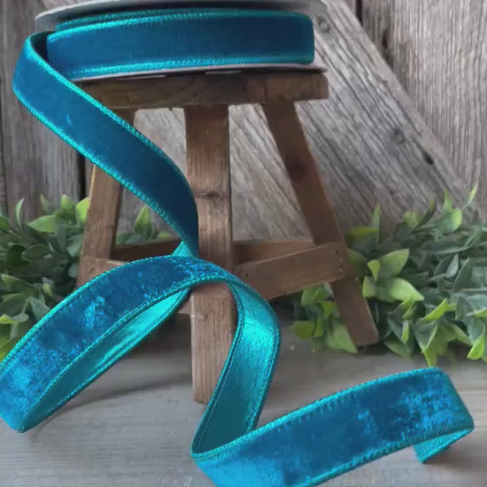 1" Turquoise Velvet Luster RIbbon, Farrisilk Ribbon, Velvet RIbbon