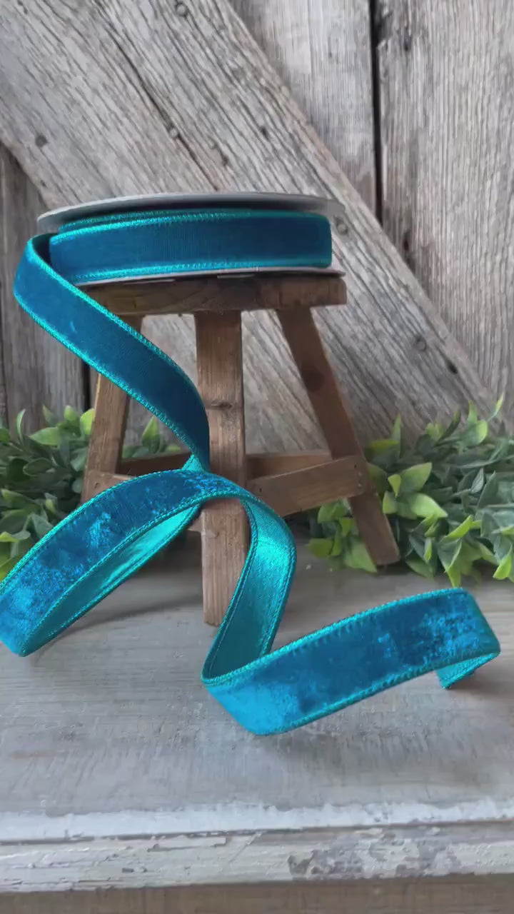 1" Turquoise Velvet Luster RIbbon, Farrisilk Ribbon, Velvet RIbbon