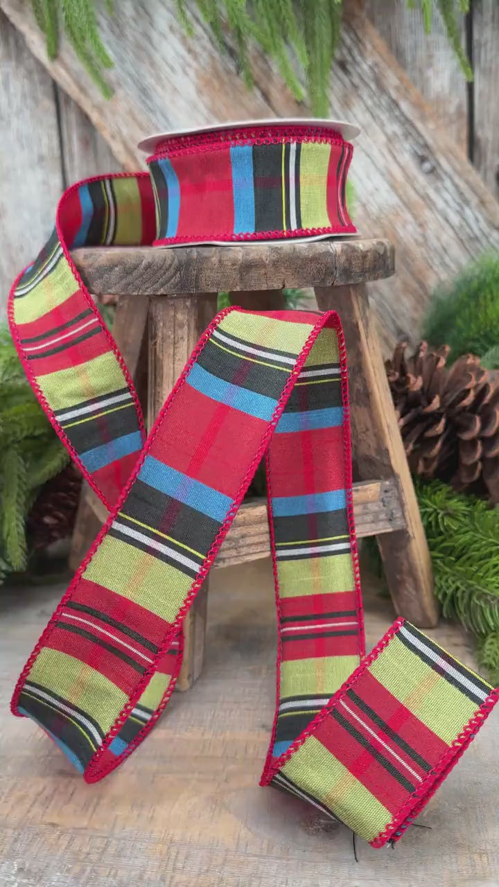 1.5" Red Tartan Plaid Ribbon, Christmas Plaid Wired Ribbon