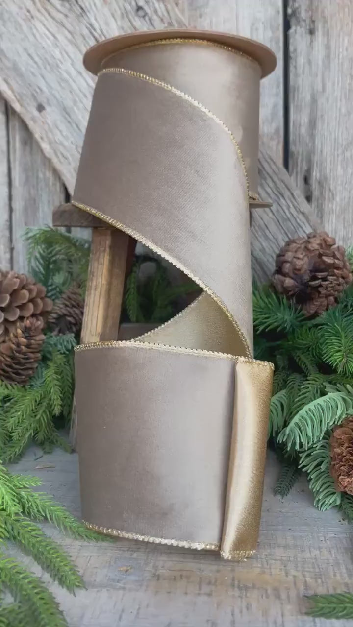 4" Mink Brown Velvet RIbbon, Wired Ribbon, Champagne Gold Velvet Ribbon