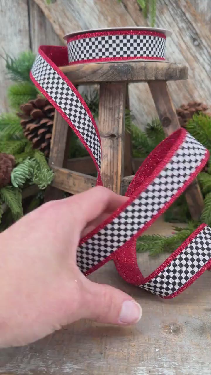 1" Red Black White Check Gold Glitter Wired Ribbon, 10 Yard Roll