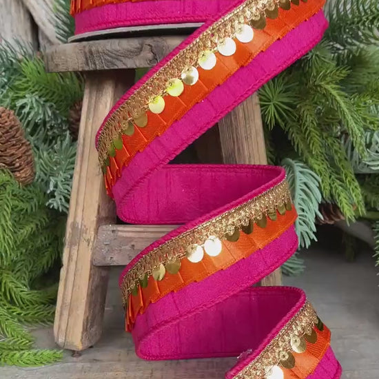 1" Pink Orange Festive Frills, Farrisilk RIbbon, Pink Orange Gold RIbbon