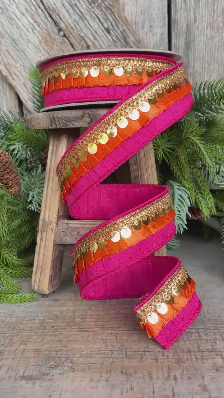 1" Pink Orange Festive Frills, Farrisilk RIbbon, Pink Orange Gold RIbbon
