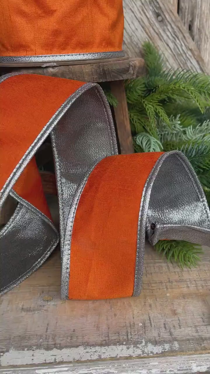 2.5" Orange Silver Ribbon, Halloween Ribbon, Orange with Silver Edging Ribbon