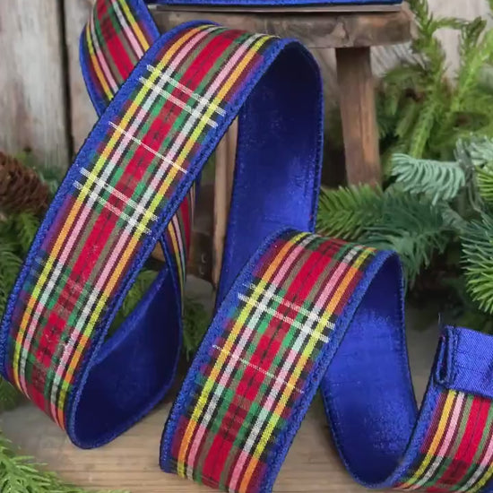 1.5" Blue Caroler Plaid RIbbon, Farrisilk Ribbon, Traditional Plaid RIbbon