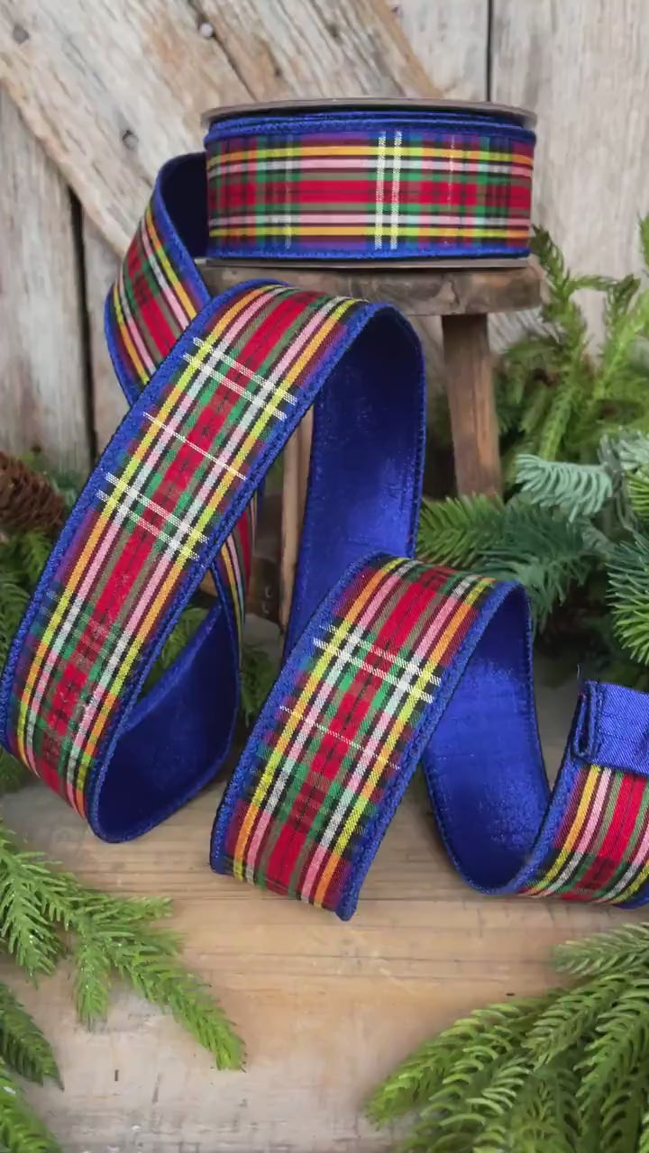 1.5" Blue Caroler Plaid RIbbon, Farrisilk Ribbon, Traditional Plaid RIbbon