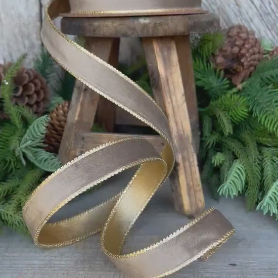 1" Mink Brown Velvet RIbbon, Wired Ribbon, Champagne Gold Velvet Ribbon