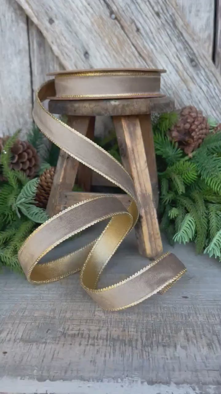 1" Mink Brown Velvet RIbbon, Wired Ribbon, Champagne Gold Velvet Ribbon
