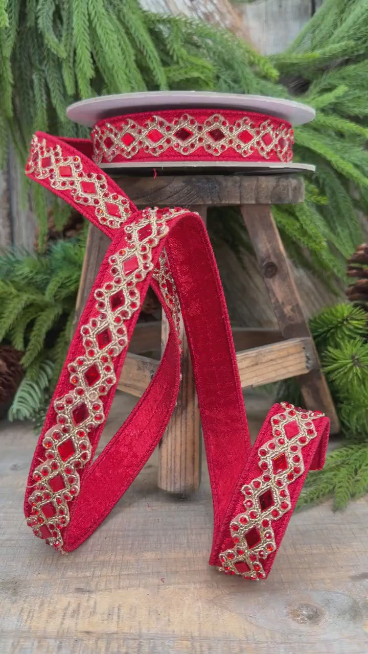 3/4" Red Jeweled Ribbon, Farrisilk Diamond Light Ribbon