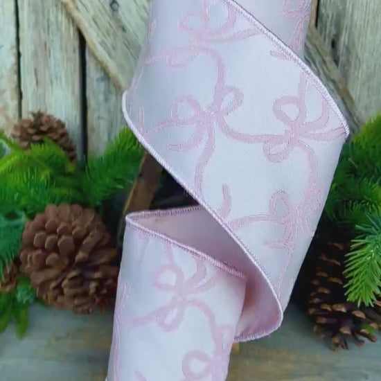 4" Pink Embroidered Bow Ribbon, Farrisilk Ribbon, Pink Bow Coquette Ribbon