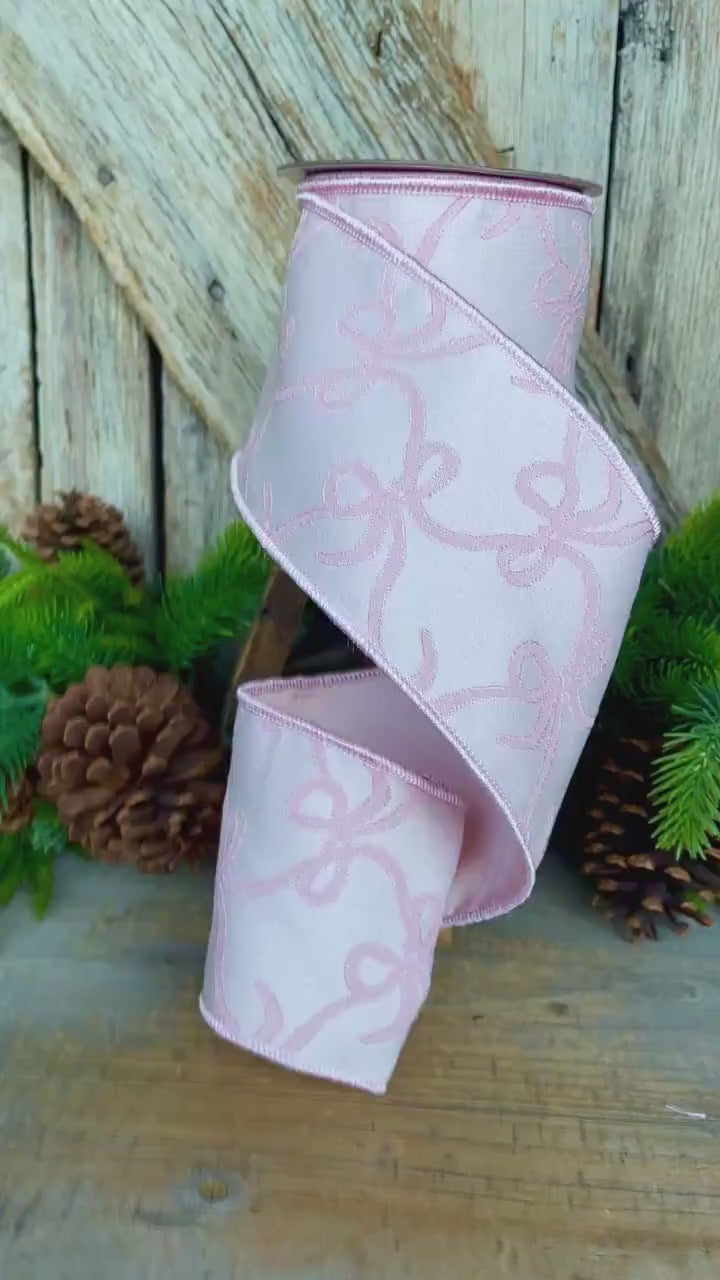 4" Pink Embroidered Bow Ribbon, Farrisilk Ribbon, Pink Bow Coquette Ribbon