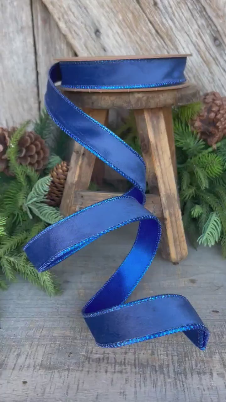 1" Blue Velvet Ribbon, Wired Ribbon, Christmas Ribbon