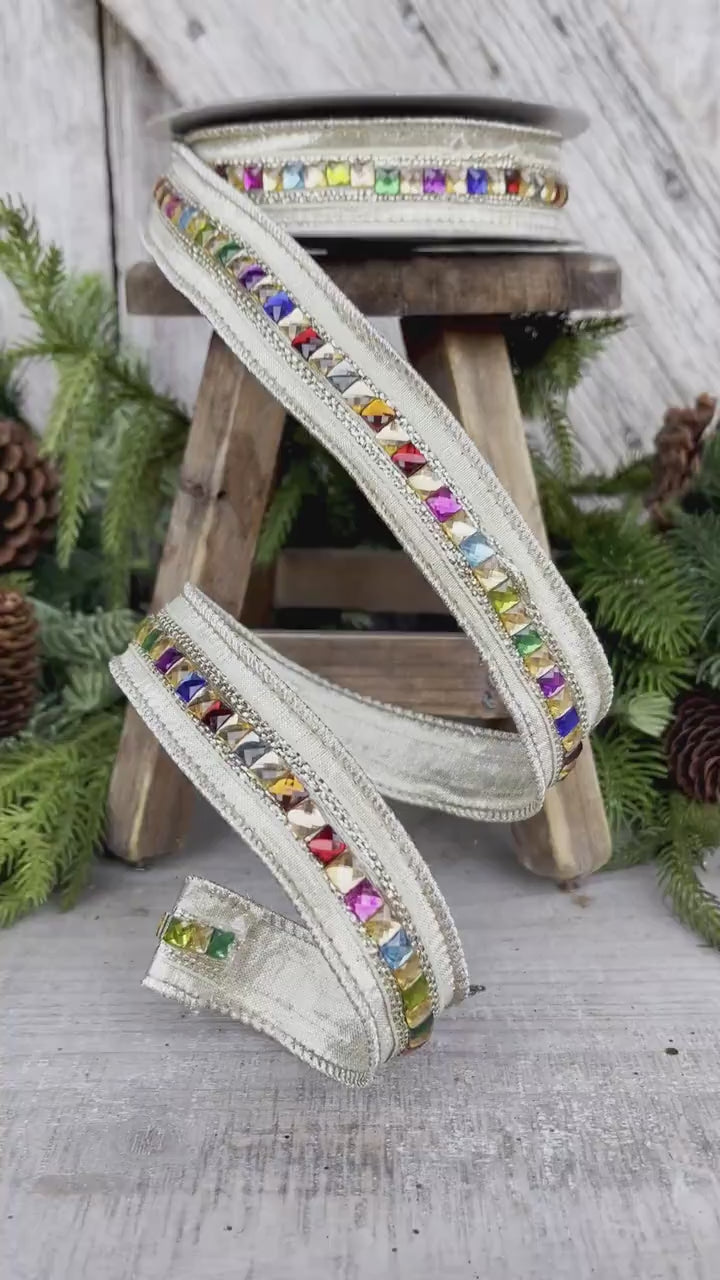 1" Platinum KALEIDOSCOPE Ribbon, Farrisilk Ribbon, Platinum Gold Jeweled Ribbon