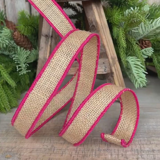1" Hot Pink Burlap Accent Ribbon, Farrisilk Ribbon, Wired Ribbon