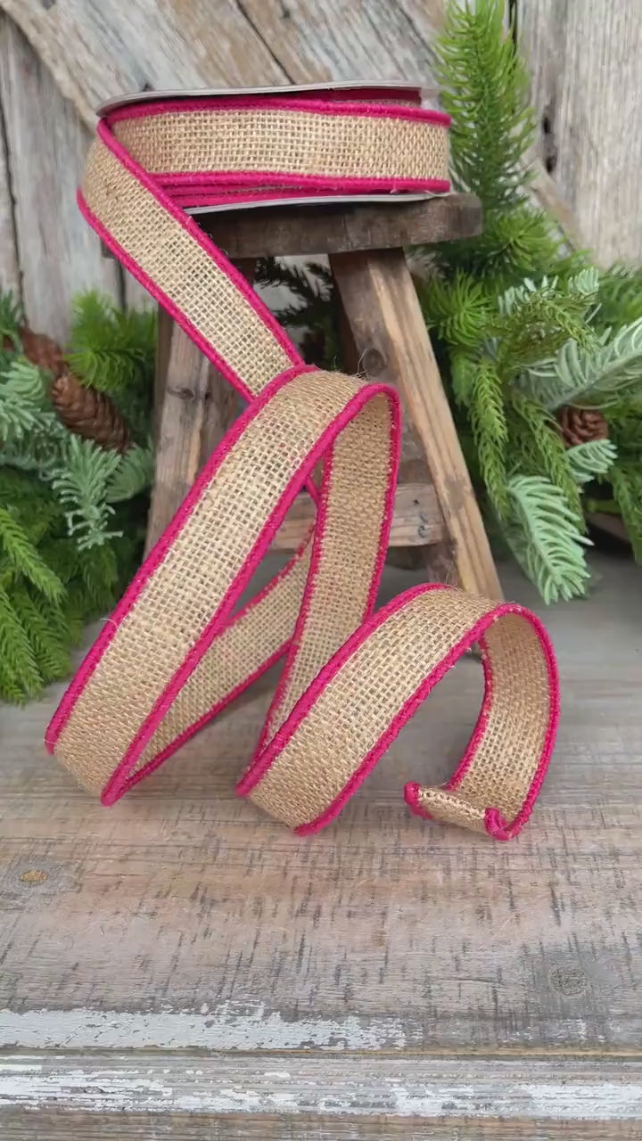 1" Hot Pink Burlap Accent Ribbon, Farrisilk Ribbon, Wired Ribbon