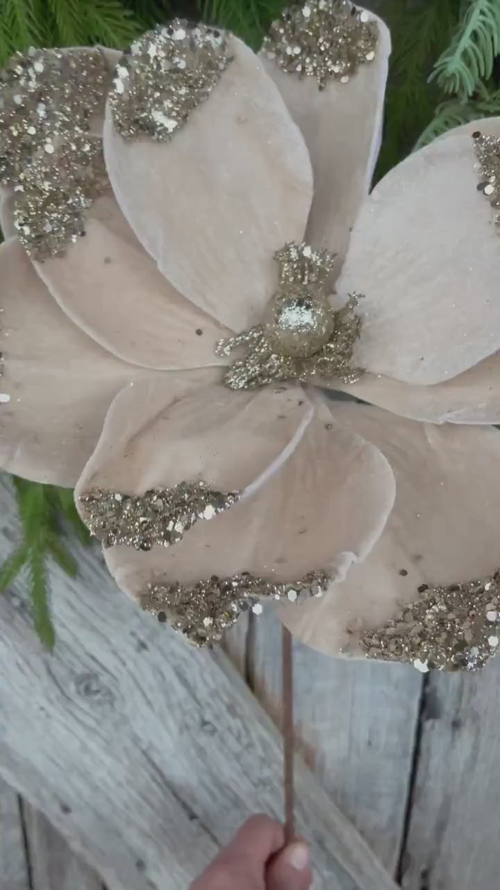 21" Champagne Velvet Magnolia, Christmas Magnolia, Faux Magnolia Stem