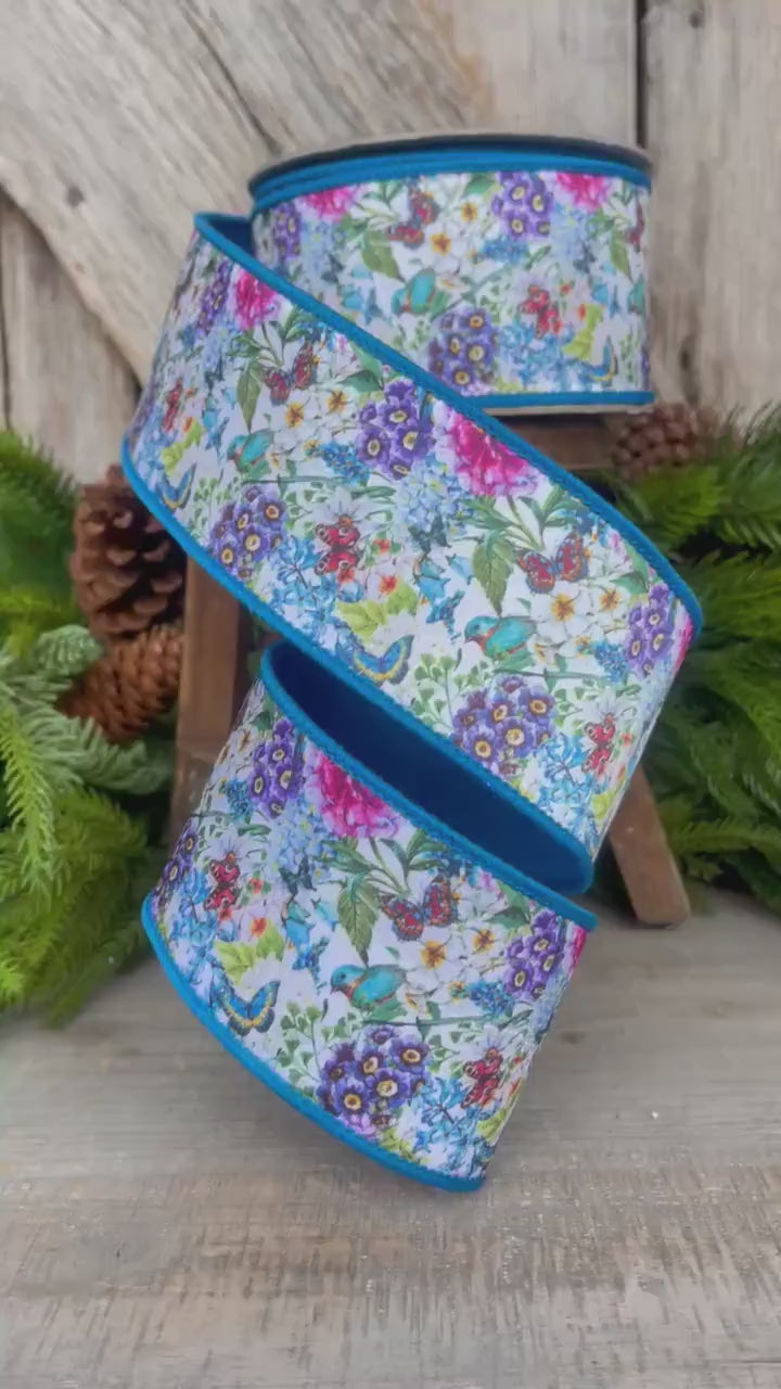 2.5" Blue Floral Garden Ribbon, Farrisilk Ribbon
