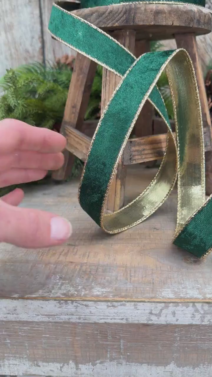 1" Emerald Green Velvet ribbon with metallic gold backing