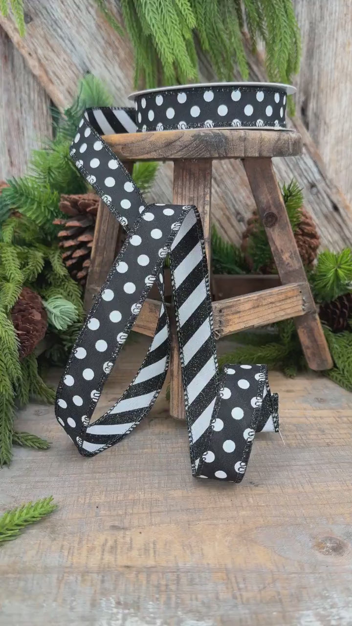 7/8" Black White Polka Dot &amp; Glitter Candy Stripe Wired Ribbon, 10 Yard Roll