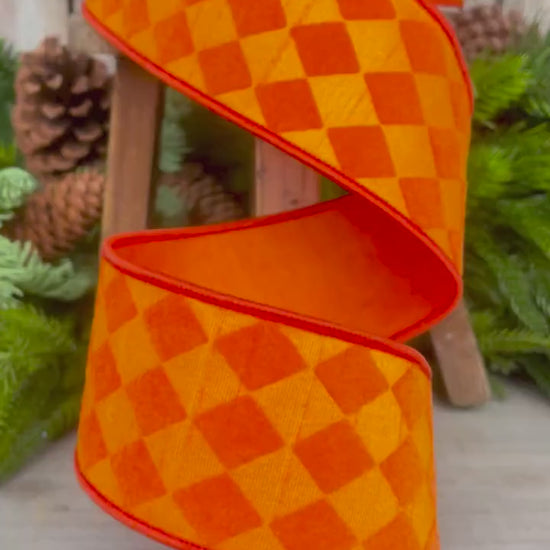 2.5" Orange Retro Harlequin Ribbon, Farrisilk Ribbon, Flocked Ribbon,Halloween Ribbon