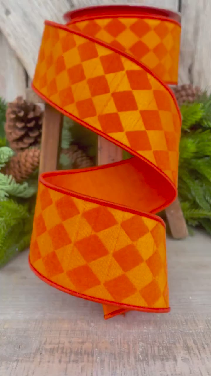 2.5" Orange Retro Harlequin Ribbon, Farrisilk Ribbon, Flocked Ribbon,Halloween Ribbon