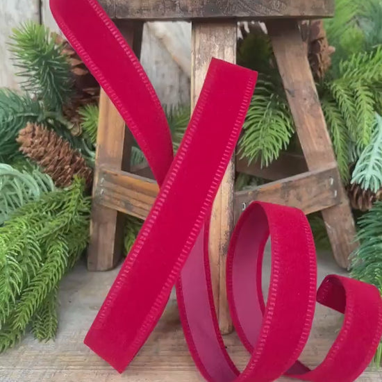 7/8" Red Velvet Ribbon, Deep Red Ribbon, Flocked Ribbon