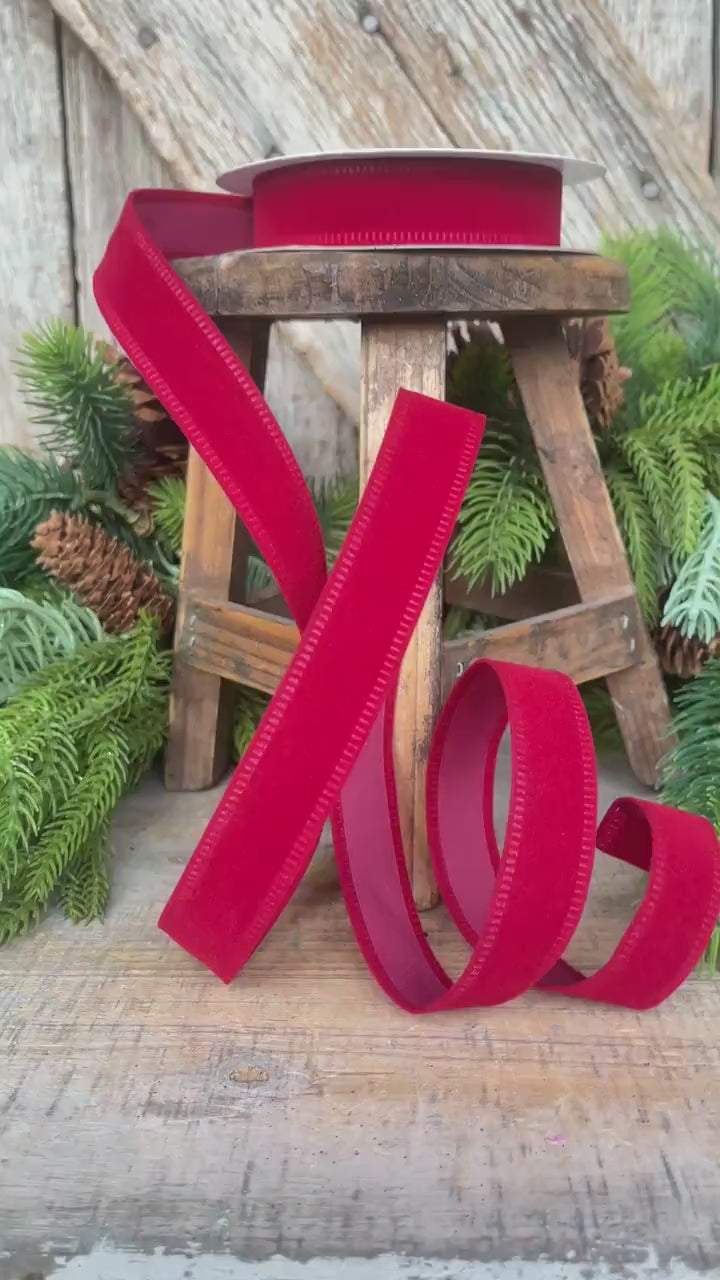 7/8" Red Velvet Ribbon, Deep Red Ribbon, Flocked Ribbon