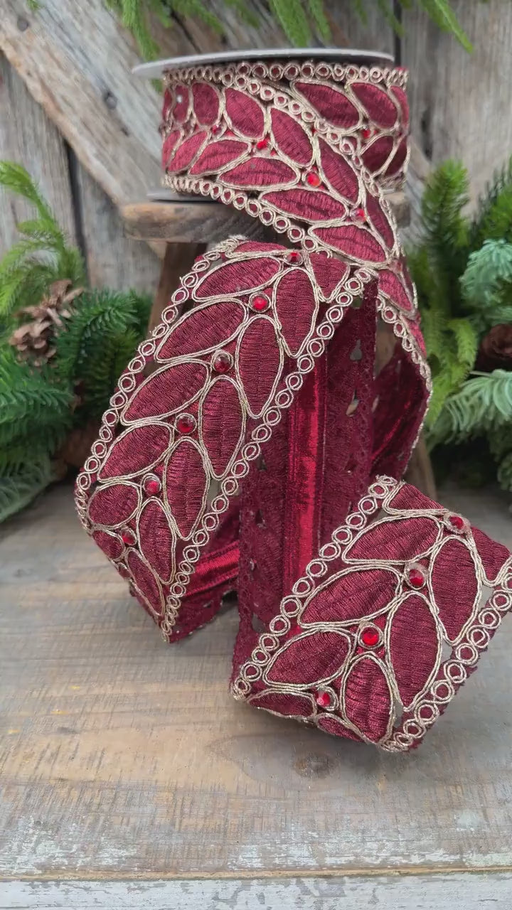 2.5" Burgundy Laurel Leaf Lace Ribbon, Gold Embroidered Christmas Ribbon with Red Jewels