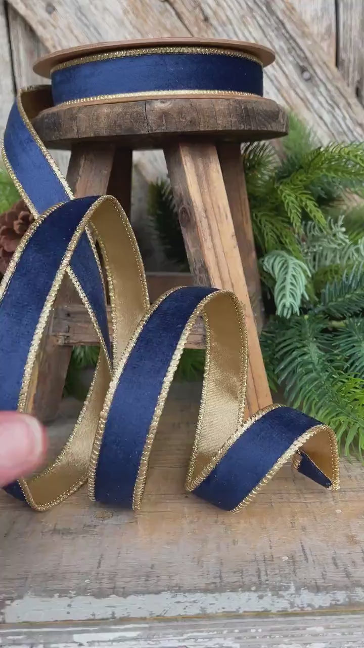 Navy Blue Velvet Wired Ribbon: 1-inch, 10 Yards, Christmas Bow Supply