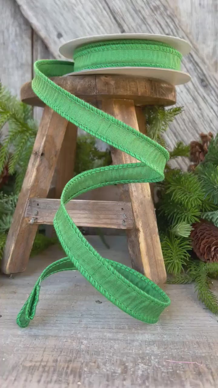 7/8" Emerald Green Dupioni Ribbon, Wired Ribbon, Narrow Ribbon