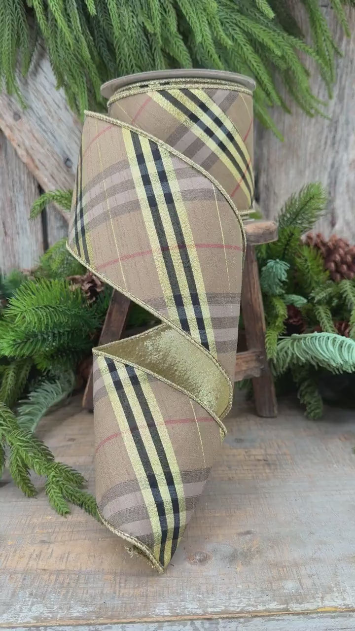 4” Brown Black holiday plaid, Christmas ribbon