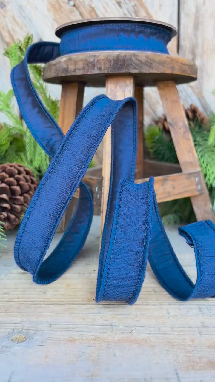 7/8" Navy Blue Dupioni Ribbon, Fall Ribbon, Christmas Ribbon
