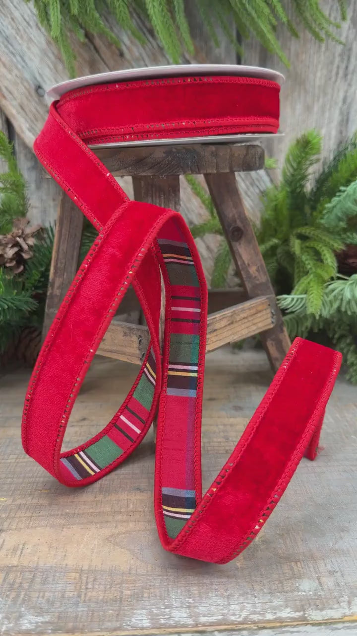 1" Red Velvet Plaid Ribbon, Double Sided Plaid Ribbon