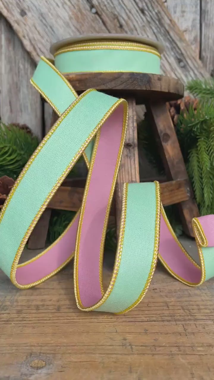 1" Green PInk Pastel Ribbon, Farrisilk Ribbon, Pretty Pastel Ribbon