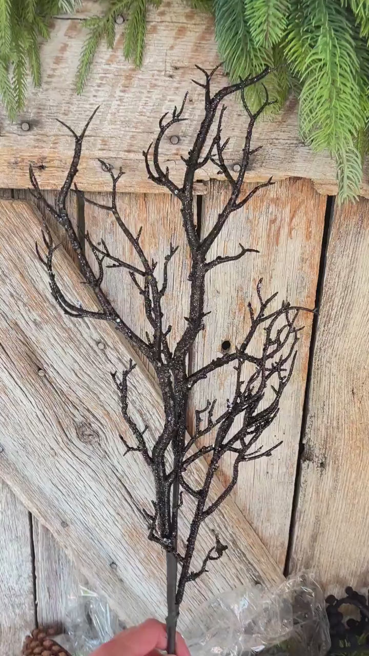 31" Black Glitter Twig Halloween Spray, Black Spray, Halloween Floral Stem